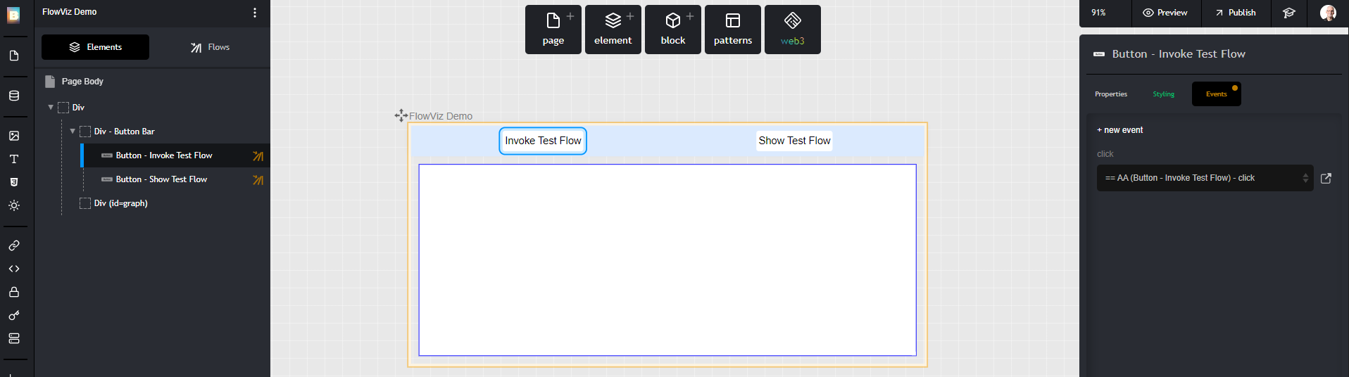 Bildr Studio with the `FlowVizDemo` page loaded